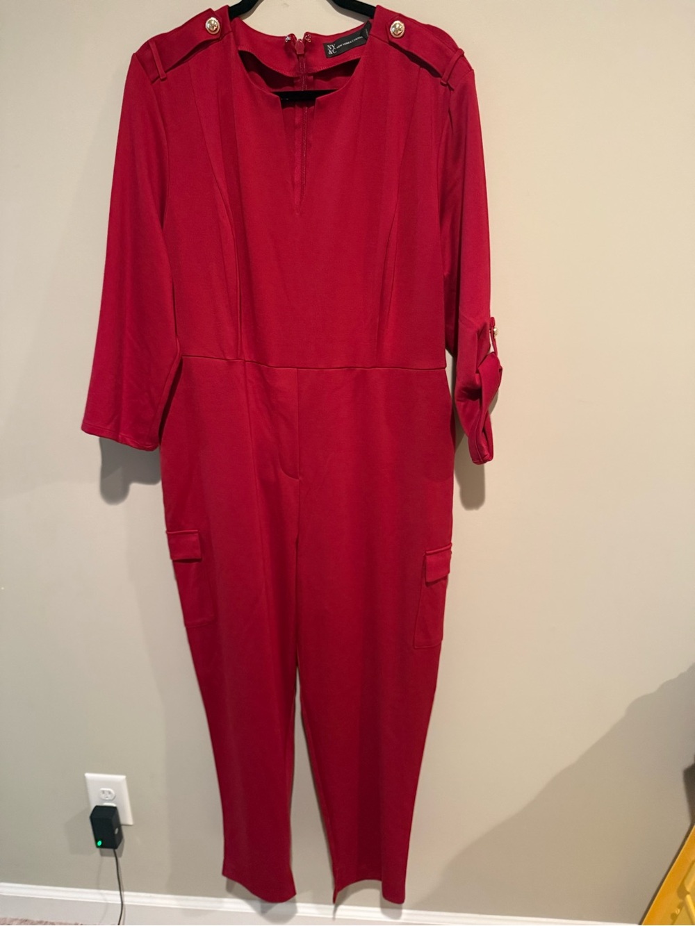 Vince Camuto Crimson Red Long-Sleeve Jumpsuit with Button Accents